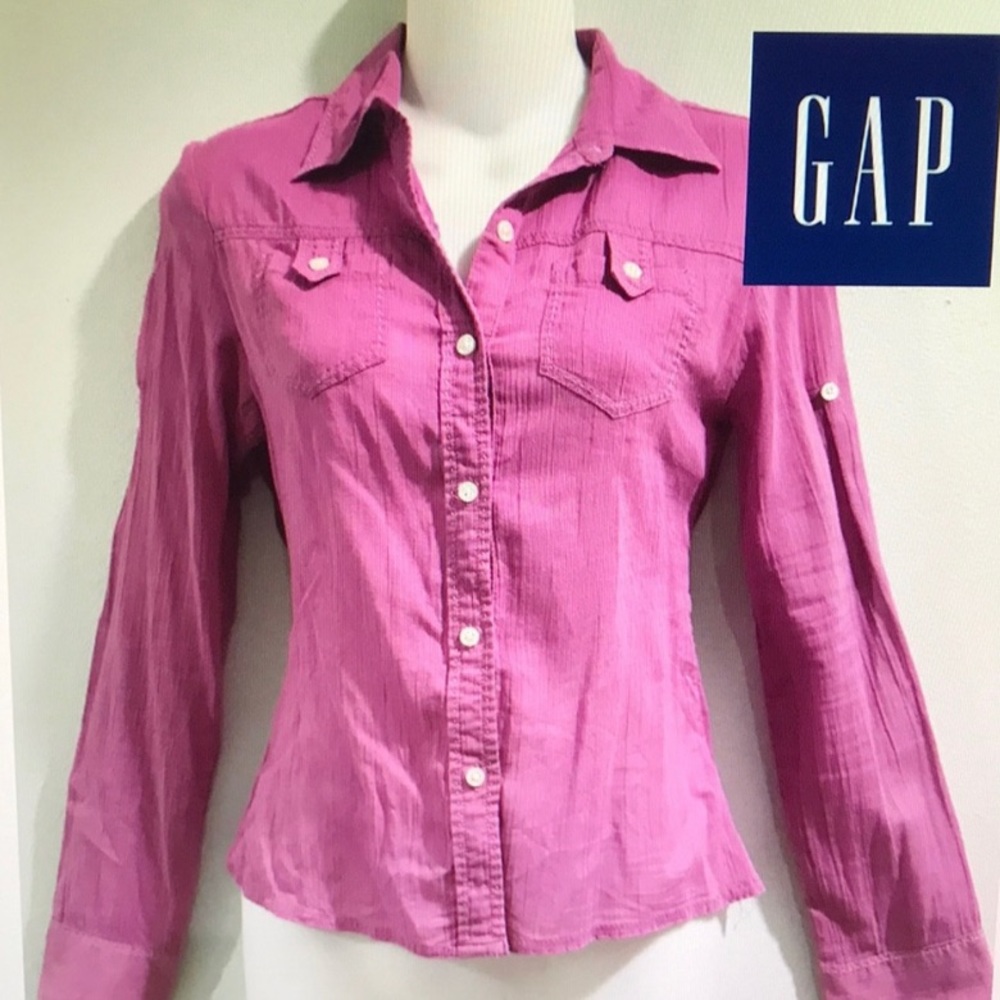 GAP Fuchsia Button Down Lightweight Shirt with Lavender Stitching  - Size XS